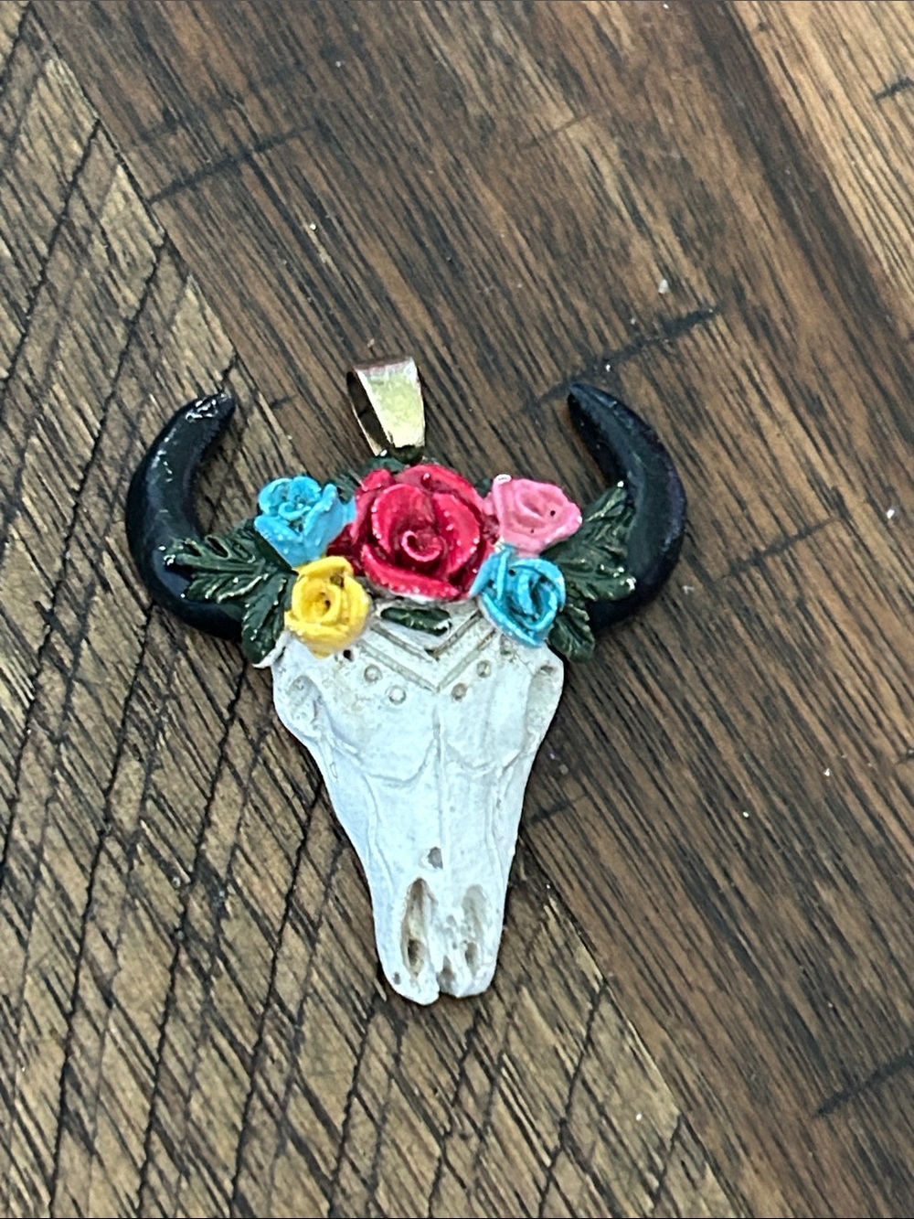 Vintage Floral Bull Skull Necklace in White, Black, Red & Blue